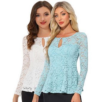 2 Packs Women's Lace Tops Keyhole Front Peplum Hem Sheer Long Sleeve Blouse