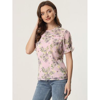 2 Packs Women's Chiffon Short Sleeve Ruffled Trim Floral Blouse Top