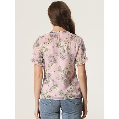 2 Packs Women's Chiffon Short Sleeve Ruffled Trim Floral Blouse Top