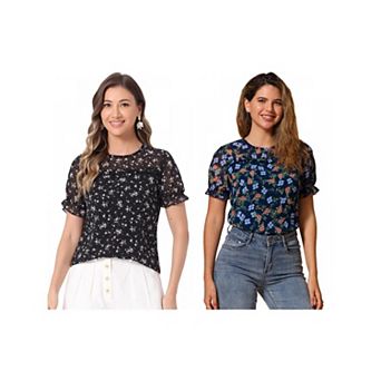 2 Packs Women's Chiffon Short Sleeve Ruffled Trim Floral Blouse Top