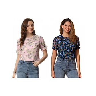 2 Packs Women's Chiffon Short Sleeve Ruffled Trim Floral Blouse Top