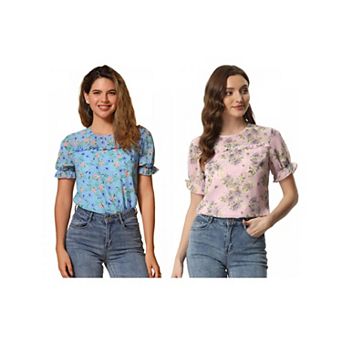 2 Packs Women's Chiffon Short Sleeve Ruffled Trim Floral Blouse Top