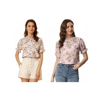 2 Packs Women's Chiffon Short Sleeve Ruffled Trim Floral Blouse Top