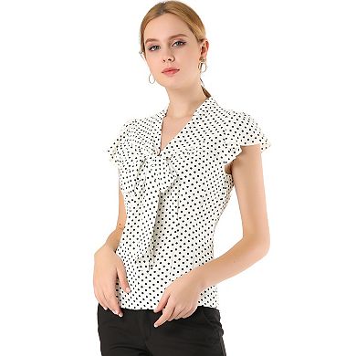 2 Packs Women's Summer Polka Dots Top Bow Tie V Neck Ruffled Cap Sleeve Office Blouse