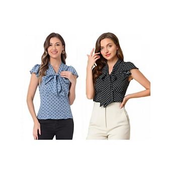 2 Packs Women's Summer Polka Dots Top Bow Tie V Neck Ruffled Cap Sleeve Office Blouse