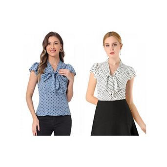 2 Packs Women's Summer Polka Dots Top Bow Tie V Neck Ruffled Cap Sleeve Office Blouse