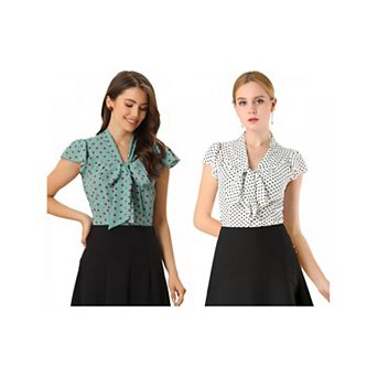 2 Packs Women's Summer Polka Dots Top Bow Tie V Neck Ruffled Cap Sleeve Office Blouse