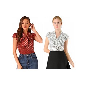 2 Packs Women's Summer Polka Dots Top Bow Tie V Neck Ruffled Cap Sleeve Office Blouse