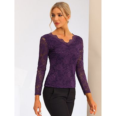2 Packs Women's Floral Embroidery Sheer Long Sleeves Lace Blouse Top