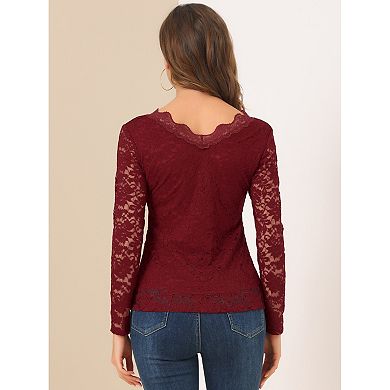 2 Packs Women's Floral Embroidery Sheer Long Sleeves Lace Blouse Top