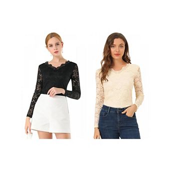 2 Packs Women's Floral Embroidery Sheer Long Sleeves Lace Blouse Top