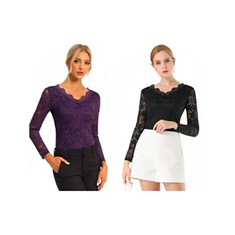 2 Packs Women's Floral Embroidery Sheer Long Sleeves Lace Blouse Top