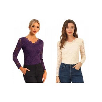 2 Packs Women's Floral Embroidery Sheer Long Sleeves Lace Blouse Top