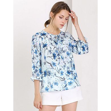 2 Packs Women's Floral Tops Bow Tie Neck Vintage 3/4 Sleeve Blouse