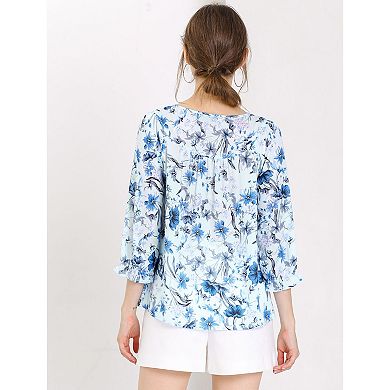 2 Packs Women's Floral Tops Bow Tie Neck Vintage 3/4 Sleeve Blouse
