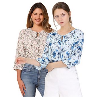 2 Packs Women's Floral Tops Bow Tie Neck Vintage 3/4 Sleeve Blouse