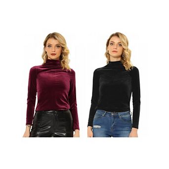 2 Packs Women's Turtleneck Velvet Top Long Sleeve Work Shirts Basic Velour Blouse