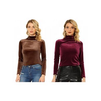 2 Packs Women's Turtleneck Velvet Top Long Sleeve Work Shirts Basic Velour Blouse