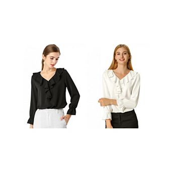 2 Packs Women's Peasant Blouse Ruffle V Neck Elegant Chiffon Blouse Top