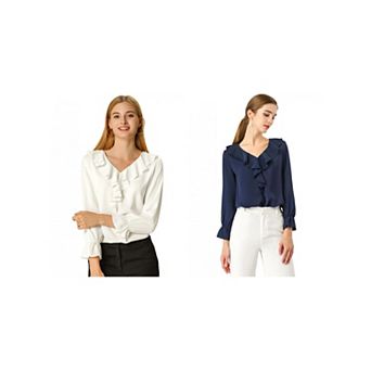 2 Packs Women's Peasant Blouse Ruffle V Neck Elegant Chiffon Blouse Top