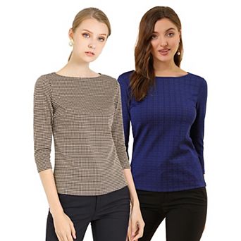 2 Packs Women's Work Office 3/4 Sleeve Boat Neck Houndstooth Printed Top Blouse