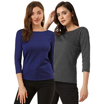 2 Packs Women's Work Office 3/4 Sleeve Boat Neck Houndstooth Printed Top Blouse