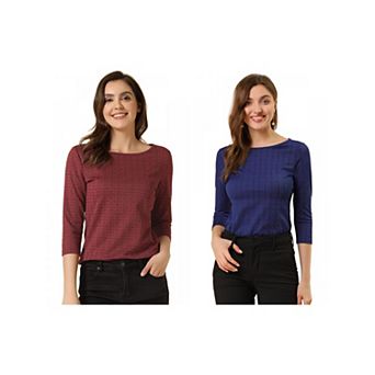 2 Packs Women's Work Office 3/4 Sleeve Boat Neck Houndstooth Printed Top Blouse