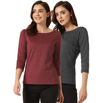 2 Packs Women's Work Office 3/4 Sleeve Boat Neck Houndstooth Printed Top Blouse