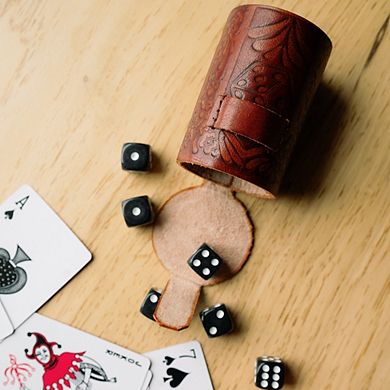 Leather Dice Cup Set - 6 Dice, Hand Tooled