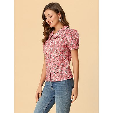 2 Packs Women's Short Sleeves Turndown Collar Button Down Floral Blouse