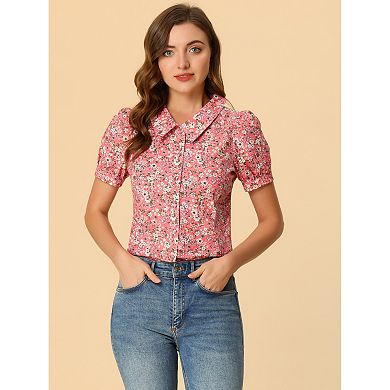 2 Packs Women's Short Sleeves Turndown Collar Button Down Floral Blouse