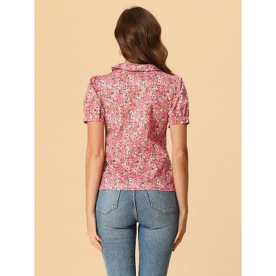 2 Packs Women's Short Sleeves Turndown Collar Button Down Floral Blouse