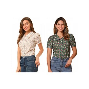2 Packs Women's Short Sleeves Turndown Collar Button Down Floral Blouse