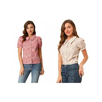 2 Packs Women's Short Sleeves Turndown Collar Button Down Floral Blouse