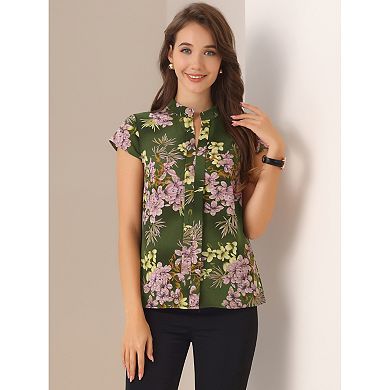 2 Packs Satin Blouse for Women's Stand Collar Floral Silky Work Blouse Top