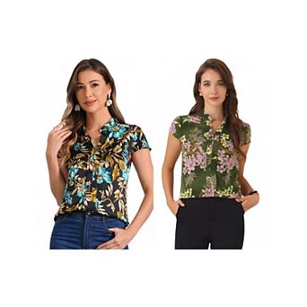 2 Packs Satin Blouse for Women's Stand Collar Floral Silky Work Blouse Top