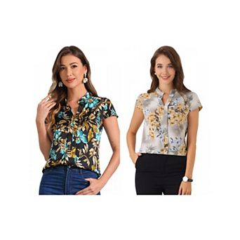 2 Packs Satin Blouse for Women's Stand Collar Floral Silky Work Blouse Top