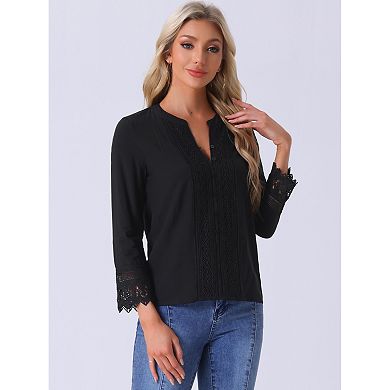 2 Packs Boho Blouse for Women Half Button Placket Long Sleeve Lace Crochet Blouses