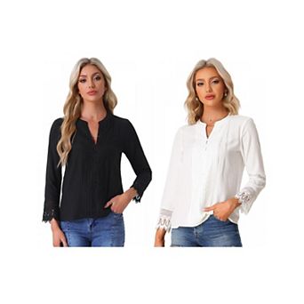 2 Packs Boho Blouse for Women Half Button Placket Long Sleeve Lace Crochet Blouses