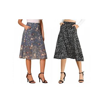 2 Packs Women's Flare Below Knee Chiffon Flowy Waistband A Line Midi Skirt
