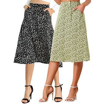 2 Packs Women's Flare Below Knee Chiffon Flowy Waistband A Line Midi Skirt
