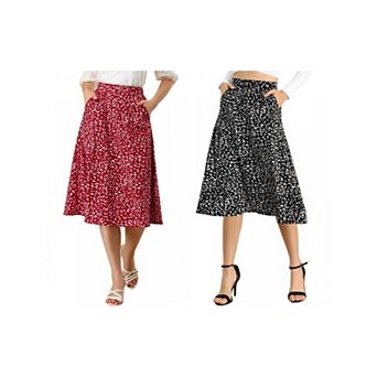 2 Packs Women's Flare Below Knee Chiffon Flowy Waistband A Line Midi Skirt