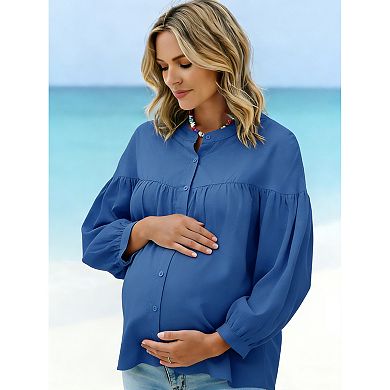 Women's Maternity Shirts Blouses Pleated Button Down Long Sleeve Pregnancy Nursing Top