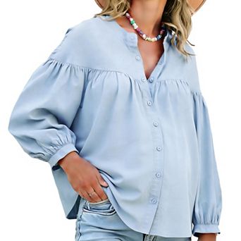 Women's Maternity Shirts Blouses Pleated Button Down Long Sleeve Pregnancy Nursing Top