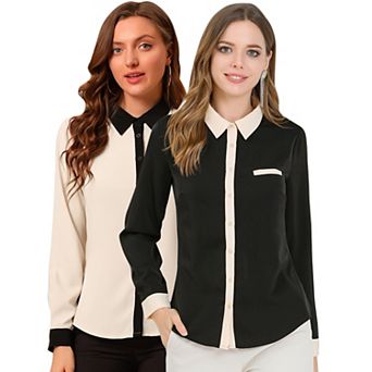 2 Packs Women's Color Block Button Down Long Sleeve Work Shirt