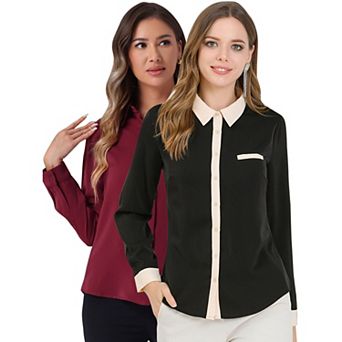 2 Packs Women's Color Block Button Down Long Sleeve Work Shirt