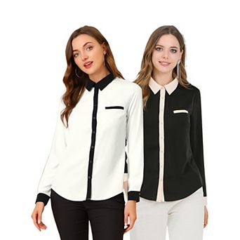 2 Packs Women's Color Block Button Down Long Sleeve Work Shirt