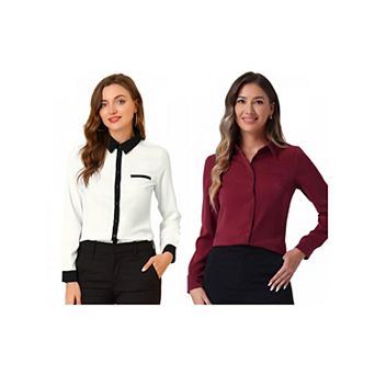 2 Packs Women's Color Block Button Down Long Sleeve Work Shirt