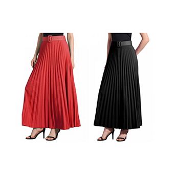 2 Packs Women's Elastic High Waist Flowy Pleated Maxi Skirt with Belt