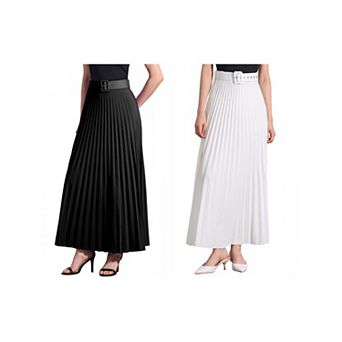 2 Packs Women's Elastic High Waist Flowy Pleated Maxi Skirt with Belt